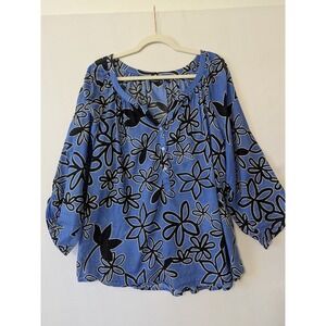 Westbound Woman 2X Blouse 3/4 Sleeve Blue‎ Black Floral Cotton Lightweight Thin